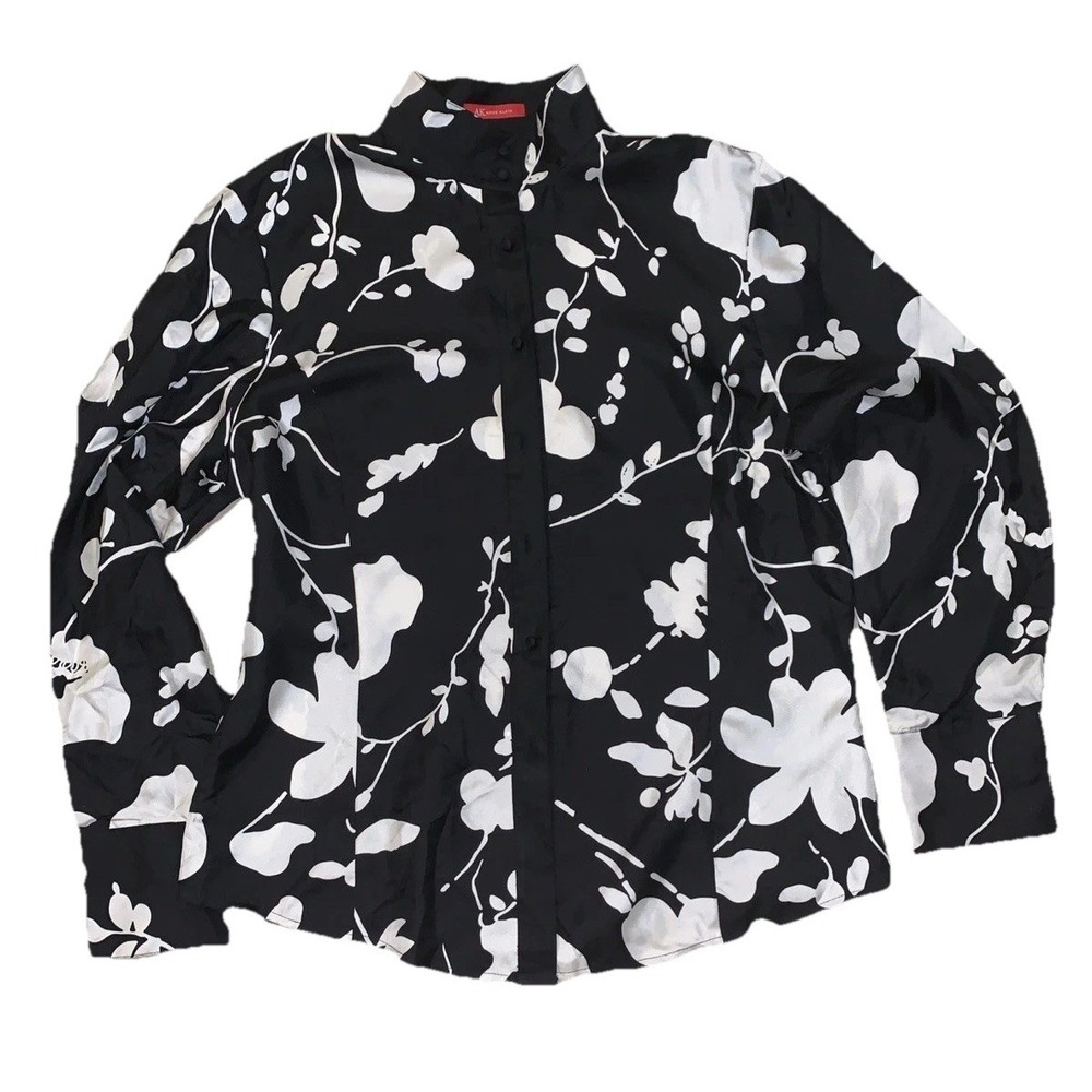 Anne Klein Black White Floral Button Front Blouse Long Sleeve Women's Sz 16 Silk